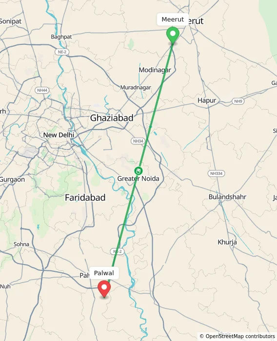 Route map showing distance and travel time from Meerut, India to Palwal, India