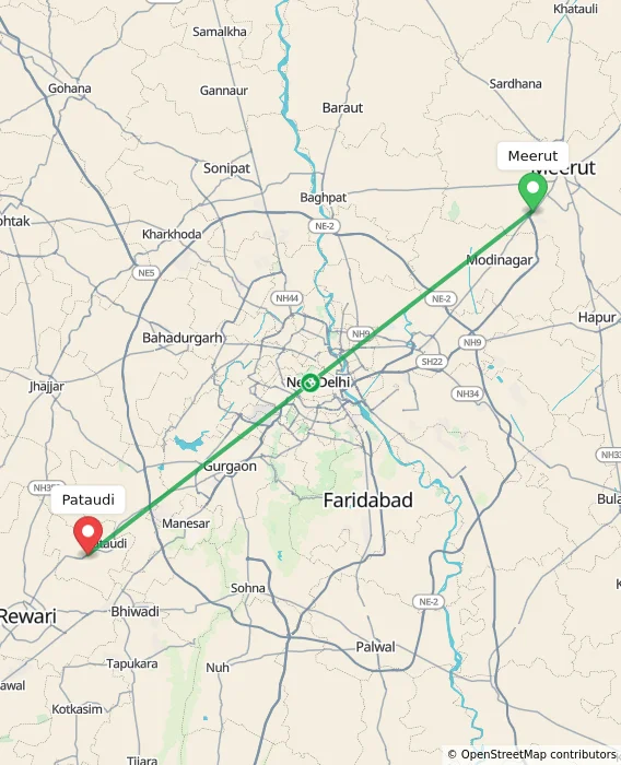 Route map showing distance and travel time from Meerut, India to Pataudi, India