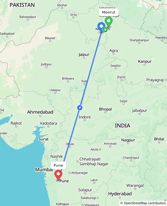 Route map showing distance and travel time from Meerut, India to Pune, India