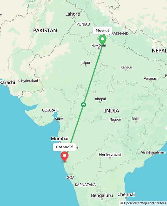 Route map showing distance and travel time from Meerut, India to Ratnagiri, India