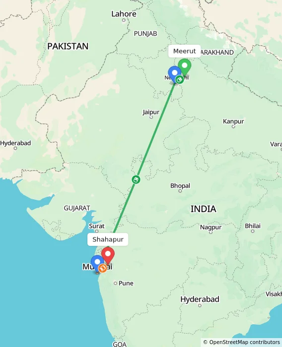 Route map showing distance and travel time from Meerut, India to Shahapur, India