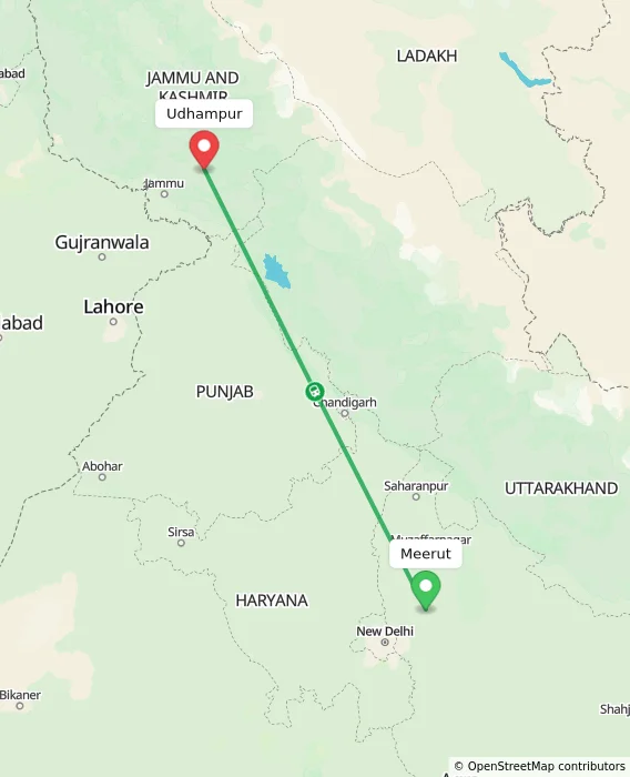 Route map showing distance and travel time from Meerut, India to Udhampur, India