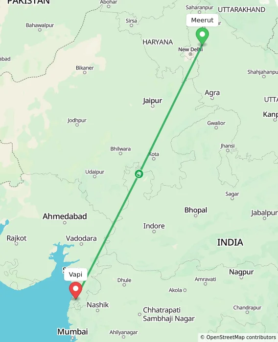 Route map showing distance and travel time from Meerut, India to Vapi, India