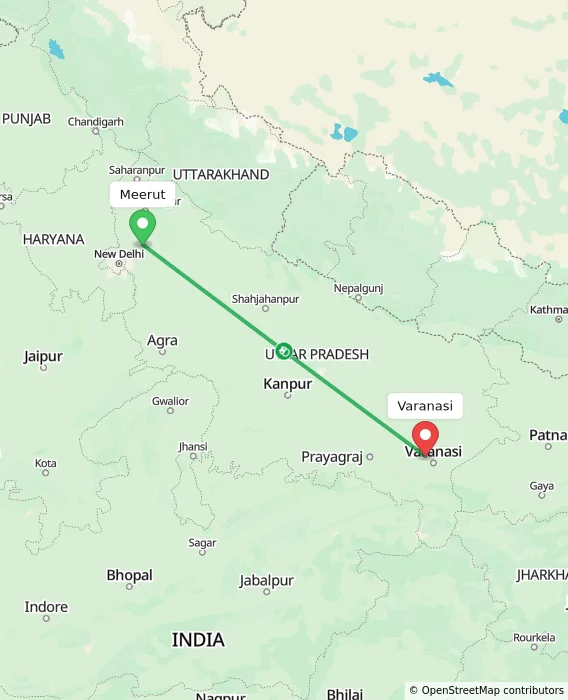 Route map showing distance and travel time from Meerut, India to Varanasi, India