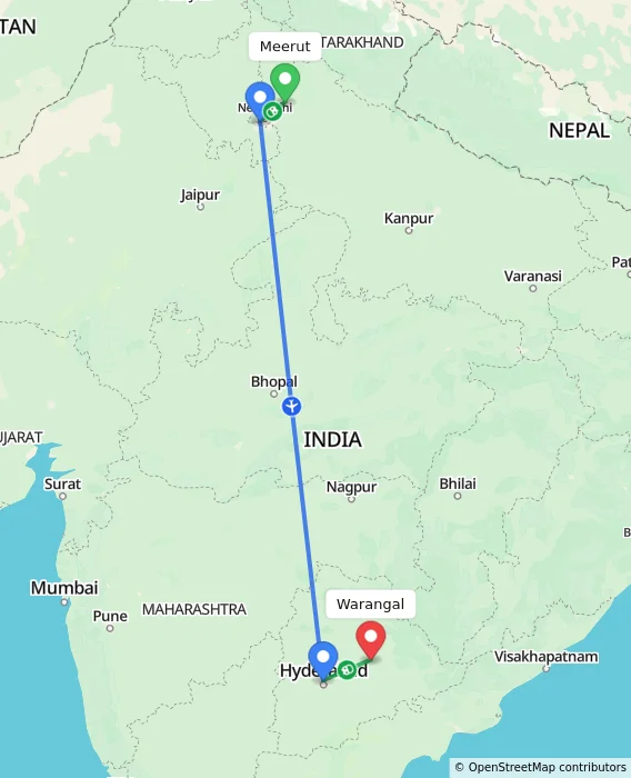 Route map showing distance and travel time from Meerut, India to Warangal, India