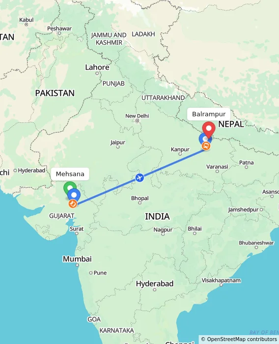 Route map showing distance and travel time from Mehsana, India to Balrampur, India