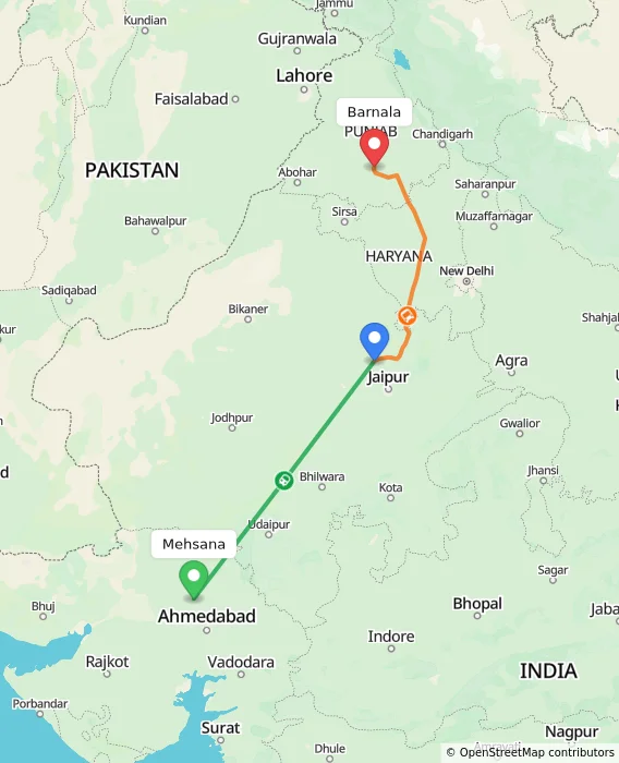 Route map showing distance and travel time from Mehsana, India to Barnala, India