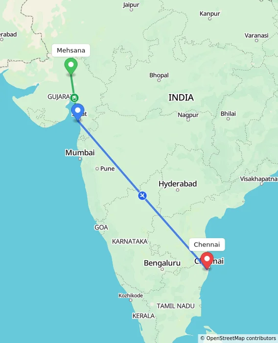 Route map showing distance and travel time from Mehsana, India to Chennai, India