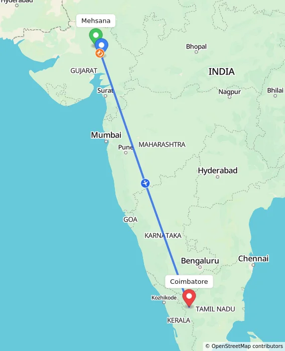 Route map showing distance and travel time from Mehsana, India to Coimbatore, India