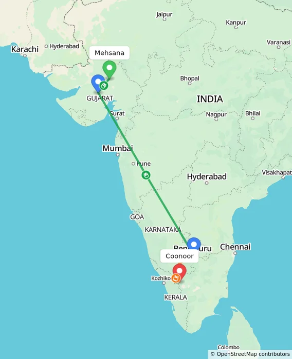 Route map showing distance and travel time from Mehsana, India to Coonoor, India