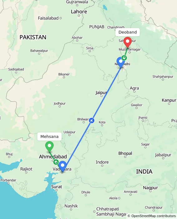 Route map showing distance and travel time from Mehsana, India to Deoband, India