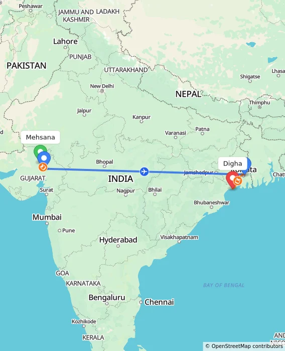 Route map showing distance and travel time from Mehsana, India to Digha, India