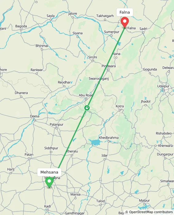 Route map showing distance and travel time from Mehsana, India to Falna, India