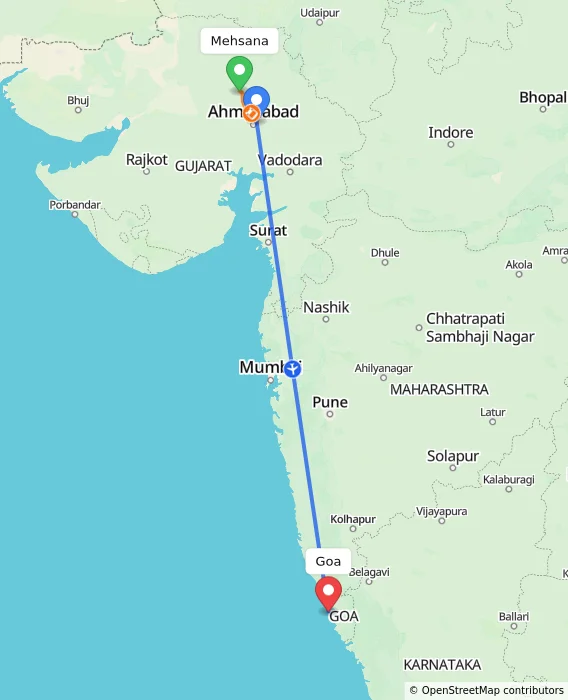 Route map showing distance and travel time from Mehsana, India to Goa, India