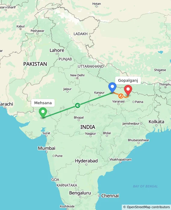 Route map showing distance and travel time from Mehsana, India to Gopalganj, India