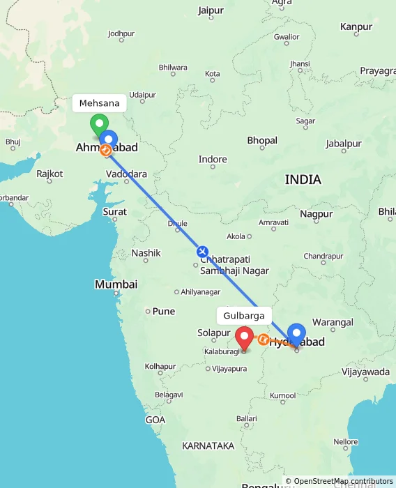 Route map showing distance and travel time from Mehsana, India to Gulbarga, India