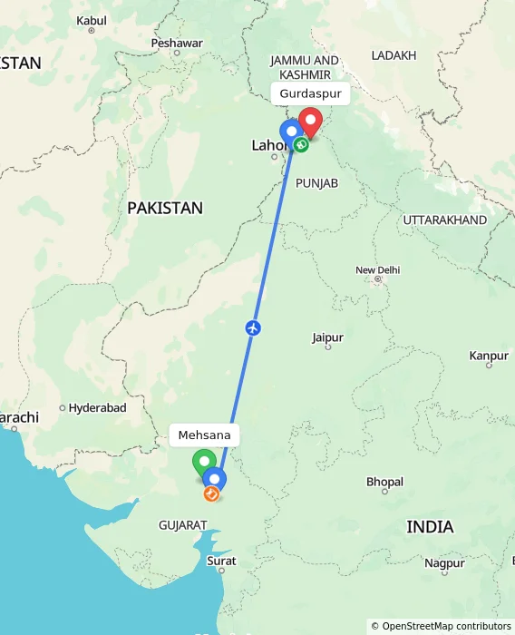 Route map showing distance and travel time from Mehsana, India to Gurdaspur, India