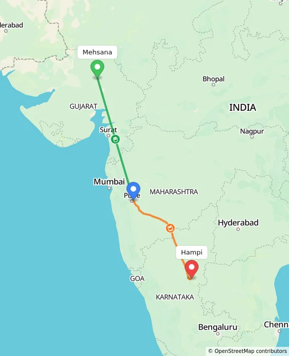 Route map showing distance and travel time from Mehsana, India to Hampi, India
