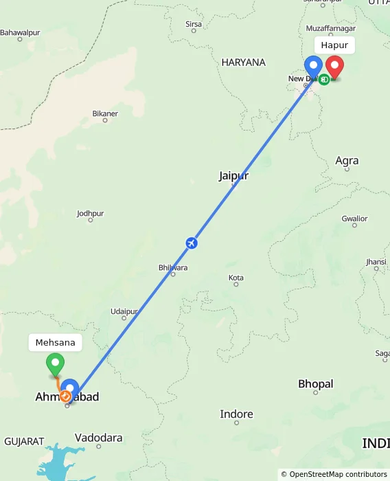 Route map showing distance and travel time from Mehsana, India to Hapur, India