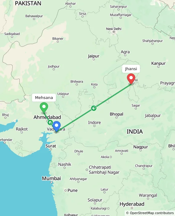 Route map showing distance and travel time from Mehsana, India to Jhansi, India