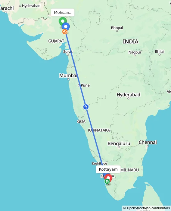 Route map showing distance and travel time from Mehsana, India to Kottayam, India
