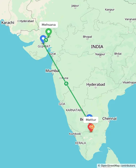Route map showing distance and travel time from Mehsana, India to Mettur, India