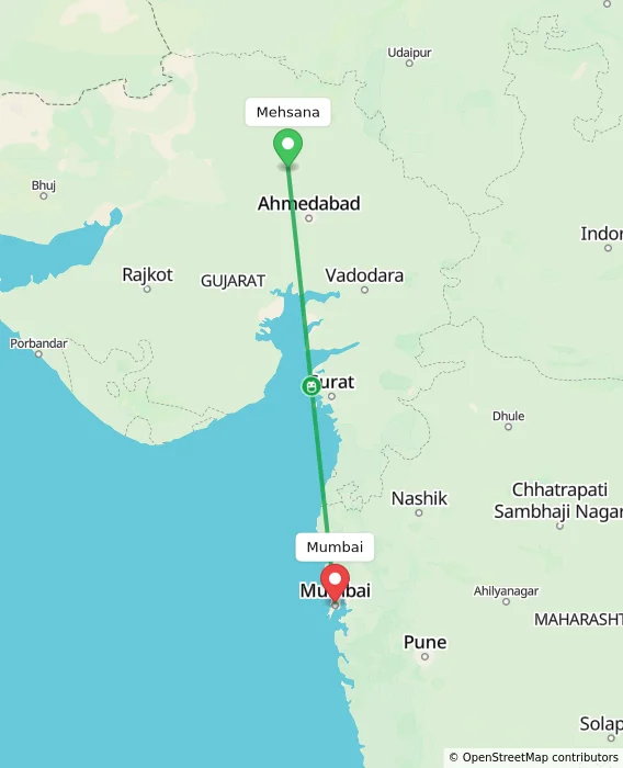 Route map showing distance and travel time from Mehsana, India to Mumbai, India