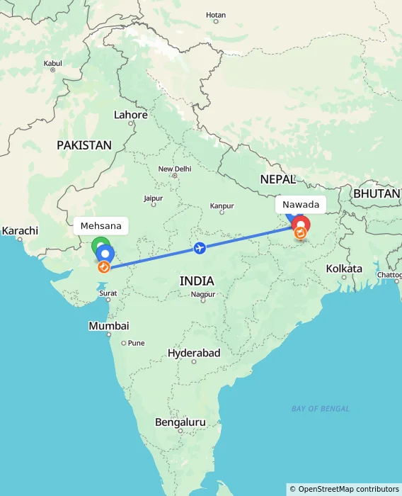 Route map showing distance and travel time from Mehsana, India to Nawada, India