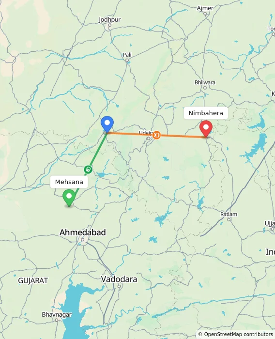 Route map showing distance and travel time from Mehsana, India to Nimbahera, India