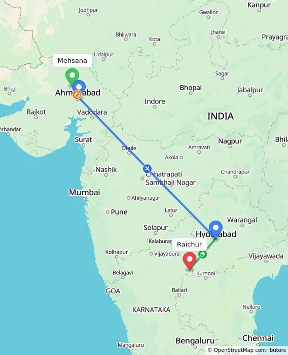 Route map showing distance and travel time from Mehsana, India to Raichur, India