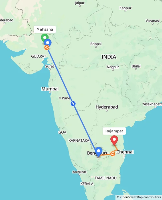 Route map showing distance and travel time from Mehsana, India to Rajampet, India