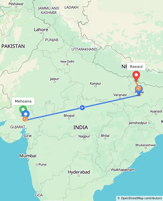 Route map showing distance and travel time from Mehsana, India to Raxaul, India