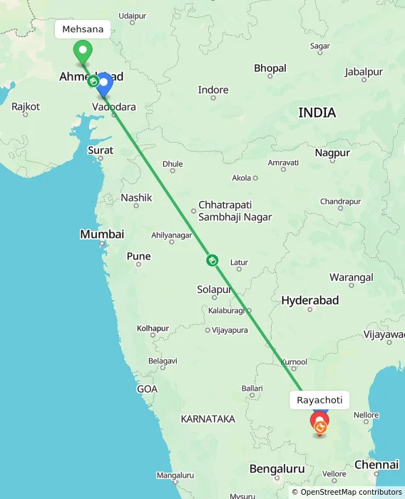 Route map showing distance and travel time from Mehsana, India to Rayachoti, India