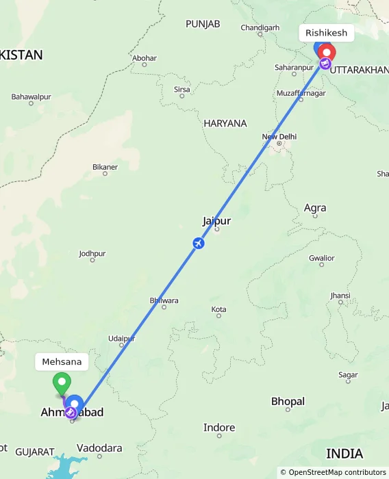 Route map showing distance and travel time from Mehsana, India to Rishikesh, India