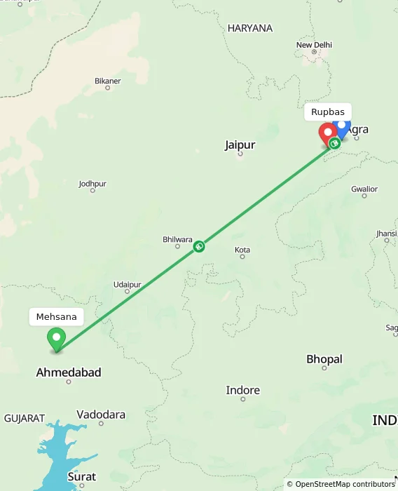 Route map showing distance and travel time from Mehsana, India to Rupbas, India