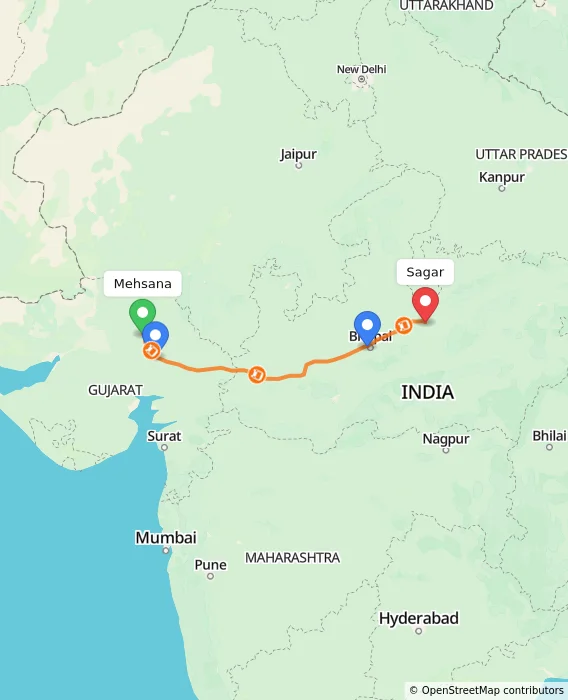 Route map showing distance and travel time from Mehsana, India to Sagar, India