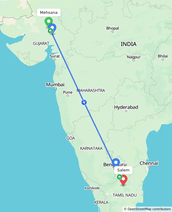Route map showing distance and travel time from Mehsana, India to Salem, India