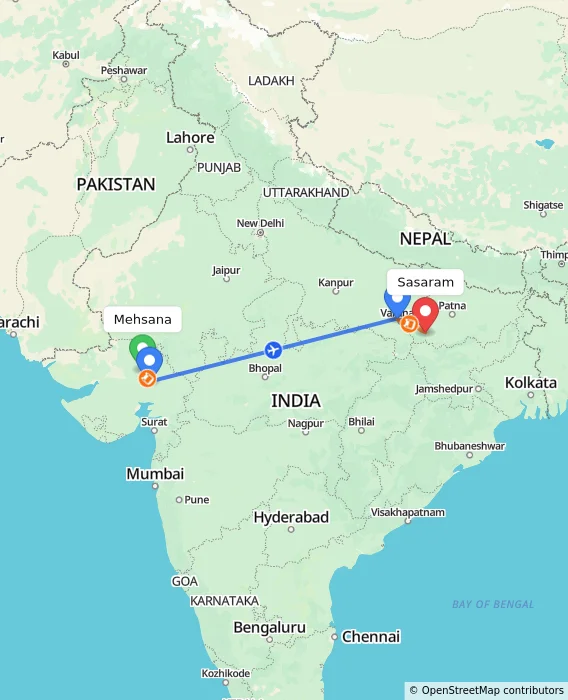 Route map showing distance and travel time from Mehsana, India to Sasaram, India