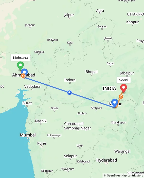 Route map showing distance and travel time from Mehsana, India to Seoni, India