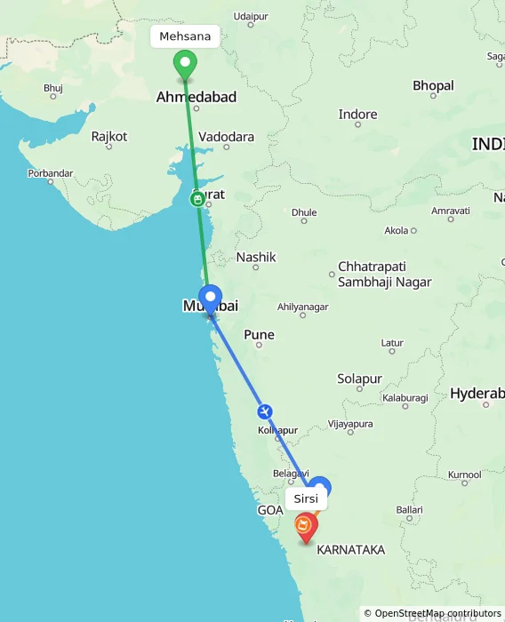 Route map showing distance and travel time from Mehsana, India to Sirsi, India