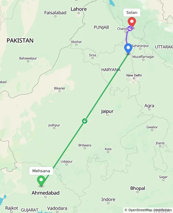 Route map showing distance and travel time from Mehsana, India to Solan, India
