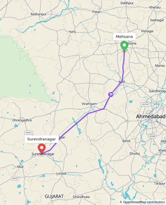 Route map showing distance and travel time from Mehsana, India to Surendranagar, India