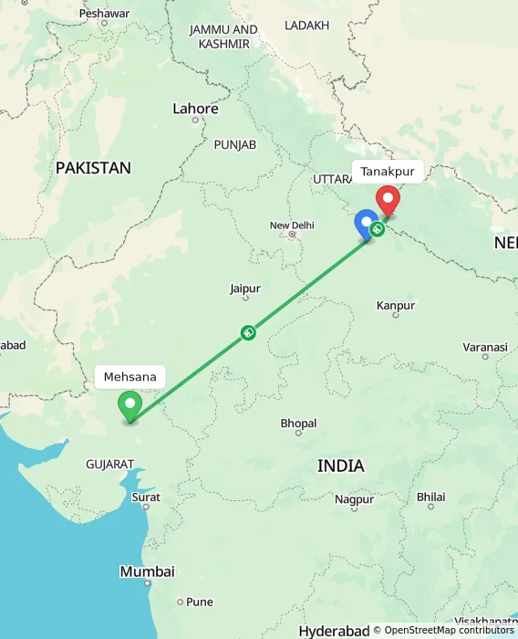 Route map showing distance and travel time from Mehsana, India to Tanakpur, India
