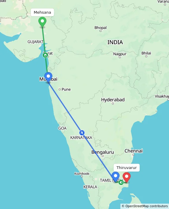 Route map showing distance and travel time from Mehsana, India to Thiruvarur, India