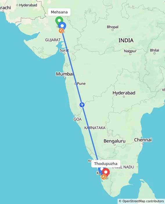 Route map showing distance and travel time from Mehsana, India to Thodupuzha, India