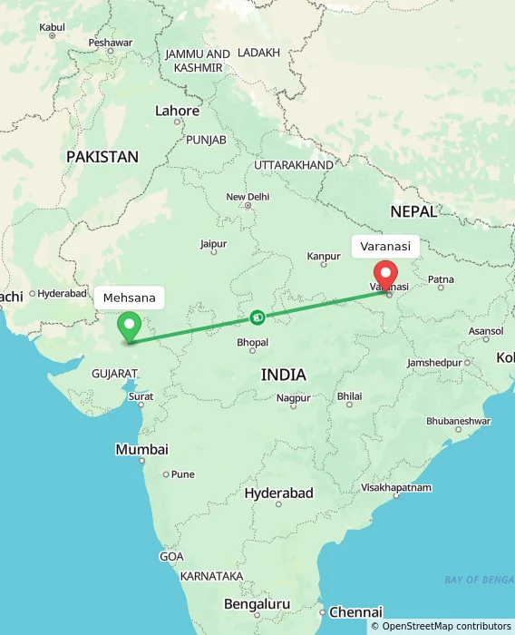 Route map showing distance and travel time from Mehsana, India to Varanasi, India