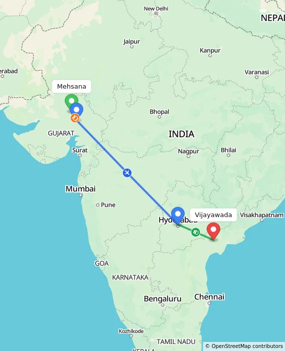 Route map showing distance and travel time from Mehsana, India to Vijayawada, India