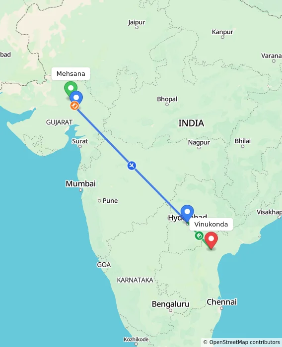 Route map showing distance and travel time from Mehsana, India to Vinukonda, India