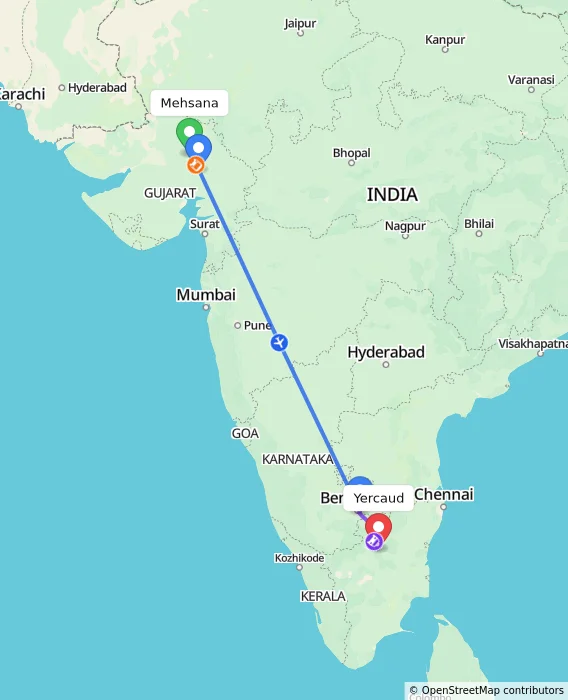Route map showing distance and travel time from Mehsana, India to Yercaud, India