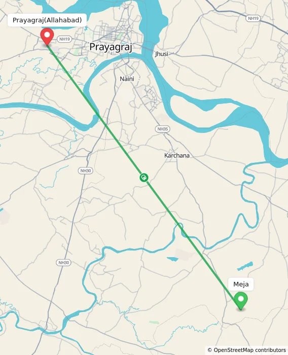 Route map showing distance and travel time from Meja, India to Allahabad, India